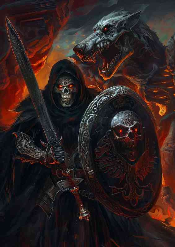 Grim reaper holding up an ornate shield