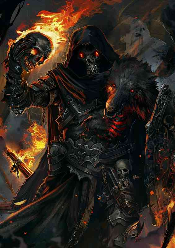 Grim reaper with black hood and wolf