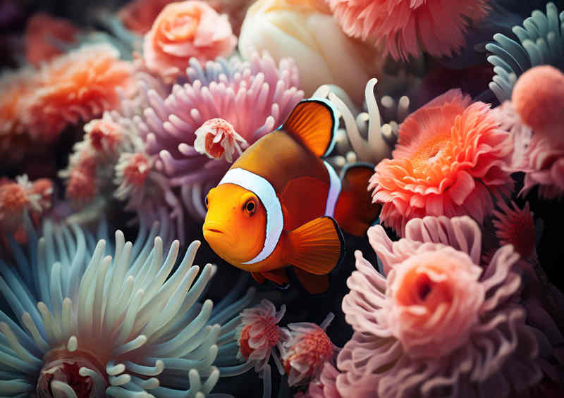 Orange Clown fish swimming in the coral