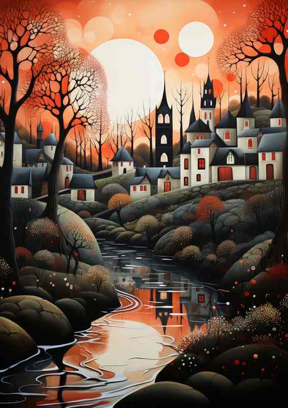 Water River Course Through Picturesque Village