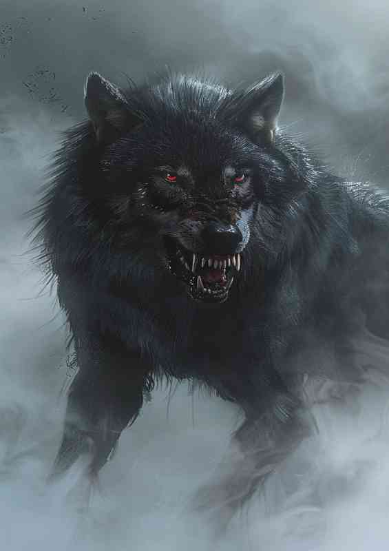 Large black wolf with red eyes