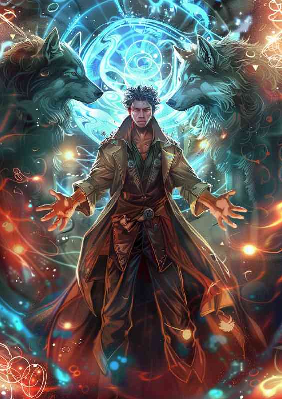 Male wizzard fantasy surrounded by swirls