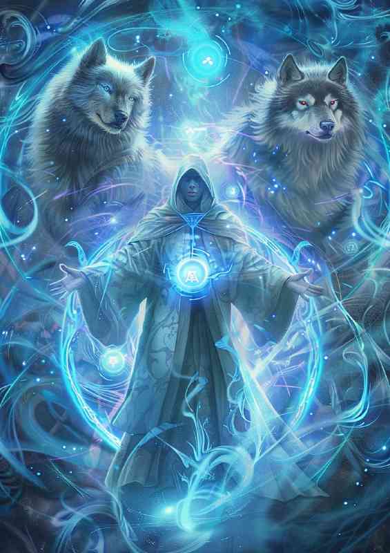 Male wizzard with two white wolves