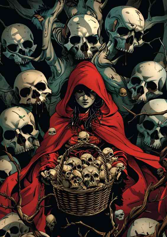 Red cape lady with basket of skulls