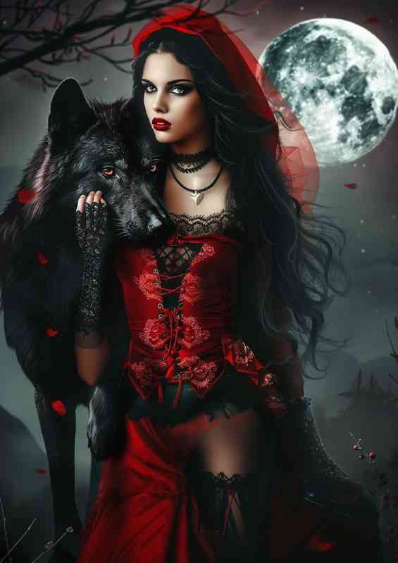 Red riding hood in black with wolf