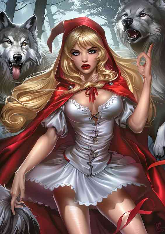 Red riding hood in white dress with wolfs