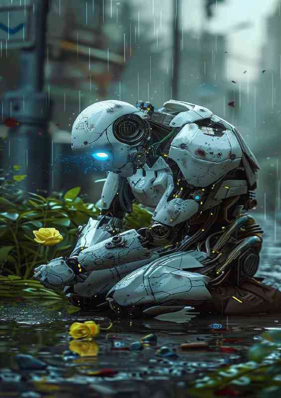Robot feeding his yellow rose