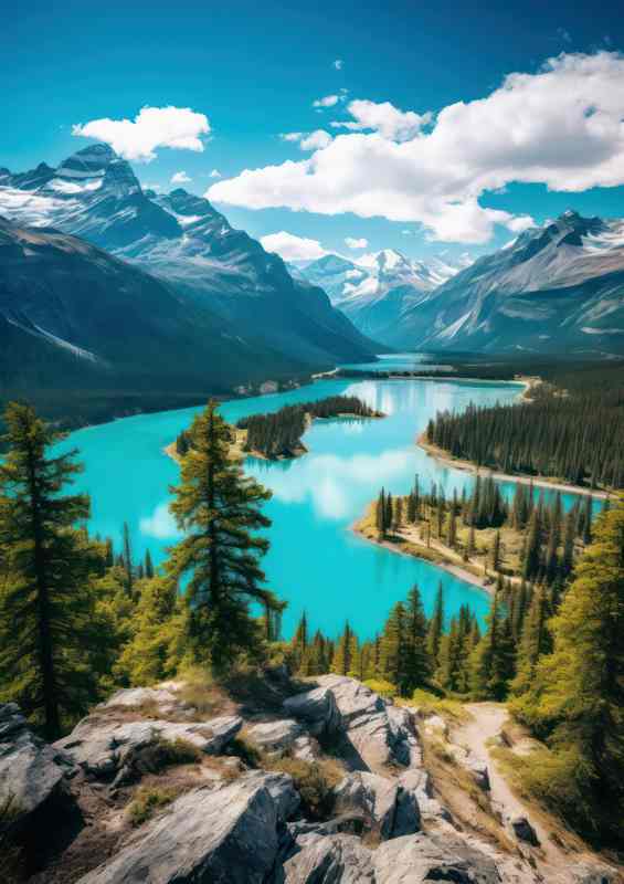 A View Of Mountain Peaks And Turquoise lake