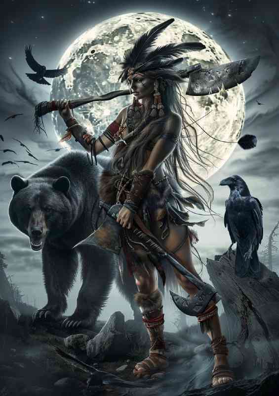 Shaman woman with long hair and wolf feathers
