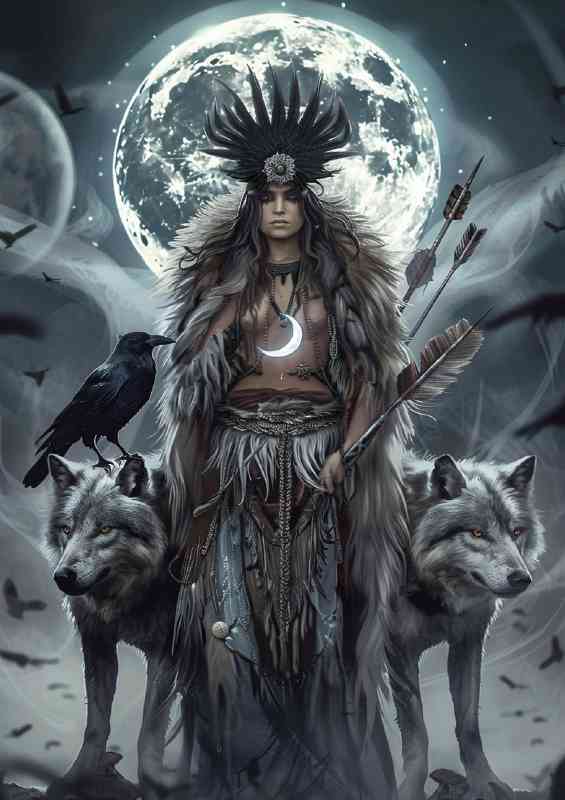 Sharman with white wolfs hunting