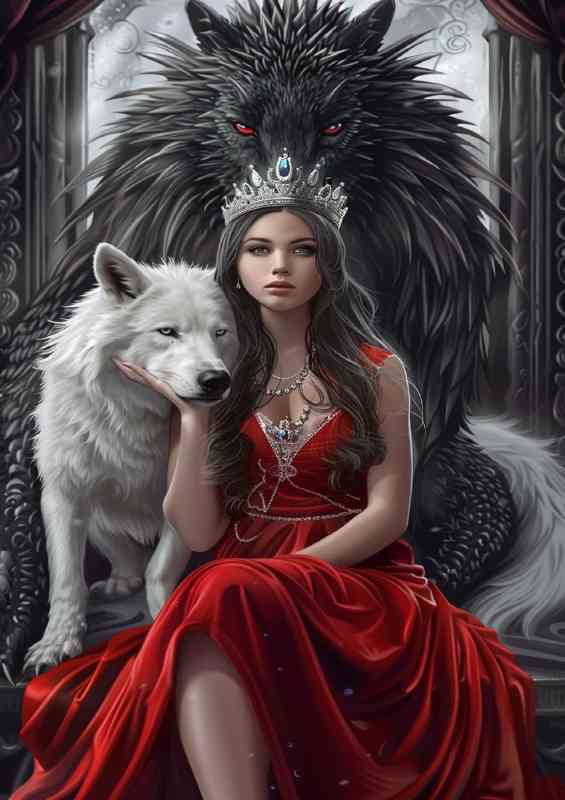 The lady and the black and white wolfs