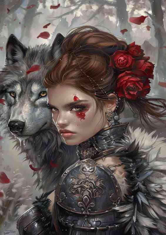WOman with roses in hair and white wolf