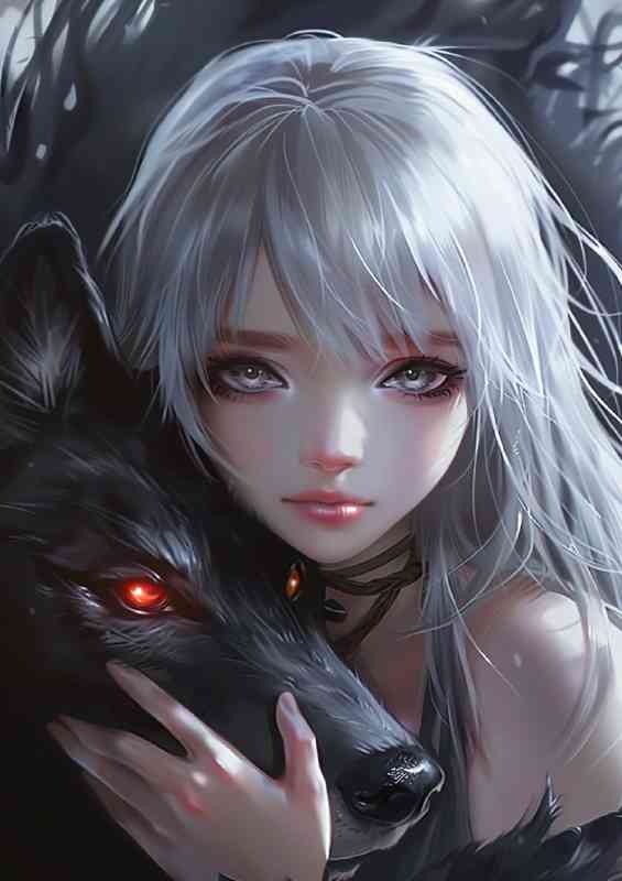 White haird girl black wolf