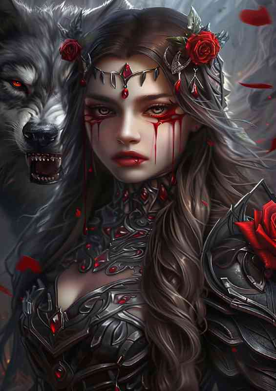 Wolf protector over lady with roses