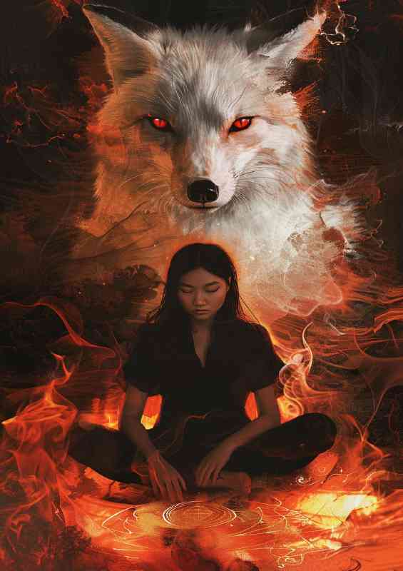 Woman sits crosslegged with wolf protector