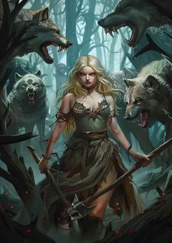 Woman surrounded by wolves