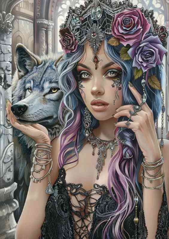 Woman with roses in hair and grey wolf