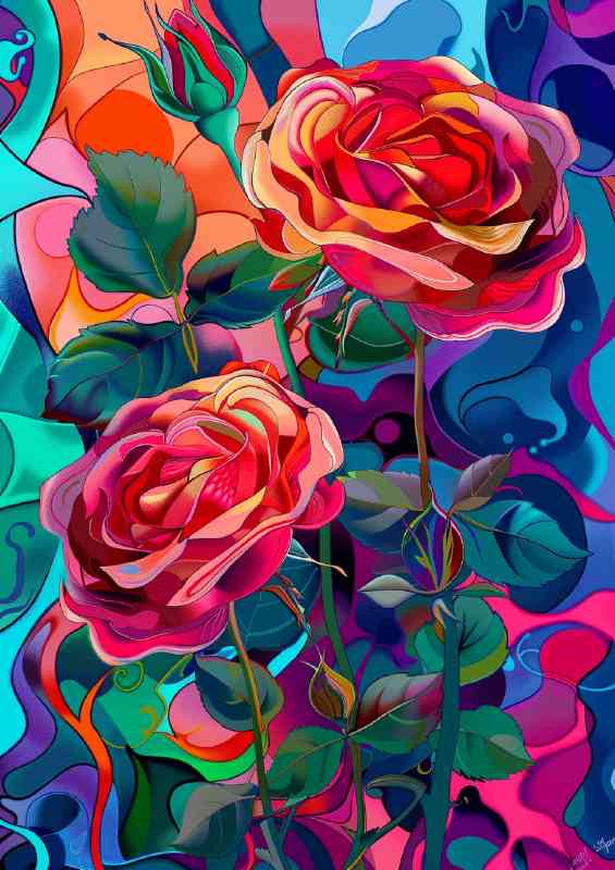 Art deco roses in bloom | Metal Poster