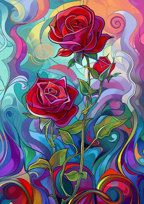 Art nouveau red roses swirls | Metal Poster