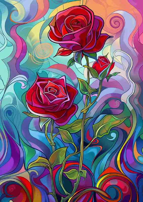 Art nouveau red roses swirls