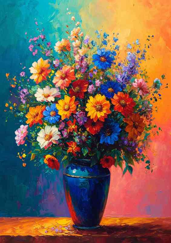 Blue vase and multi coloured flowers