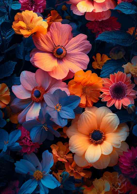 Colourful arrangment of multi flowers with light | Metal Poster