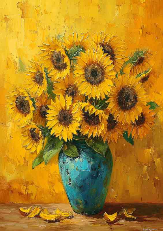 Oil painting of sunflowers and petles