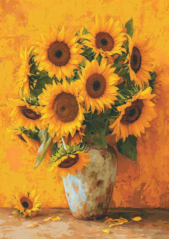 Painted vase of sunflowers in bloom