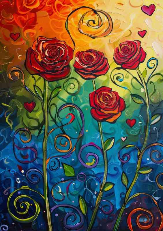 Red roses long stems painted | Metal Poster