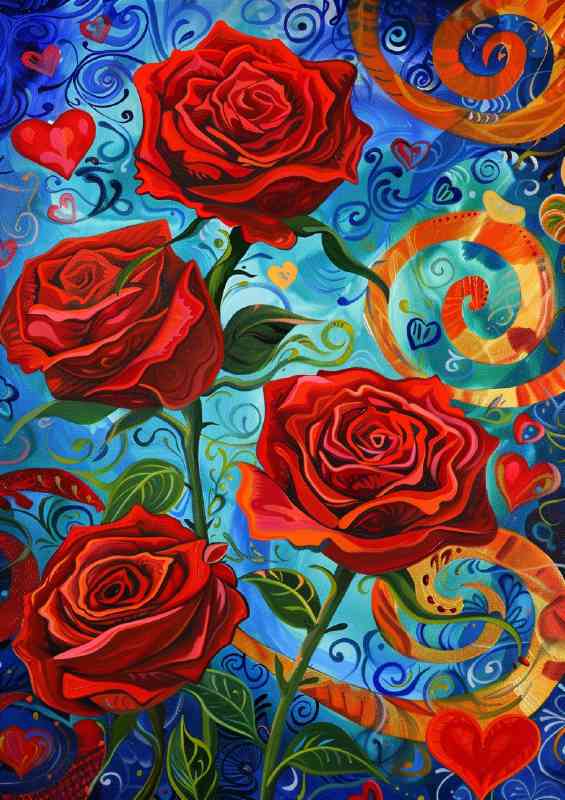 Red vibrant roses painted style
