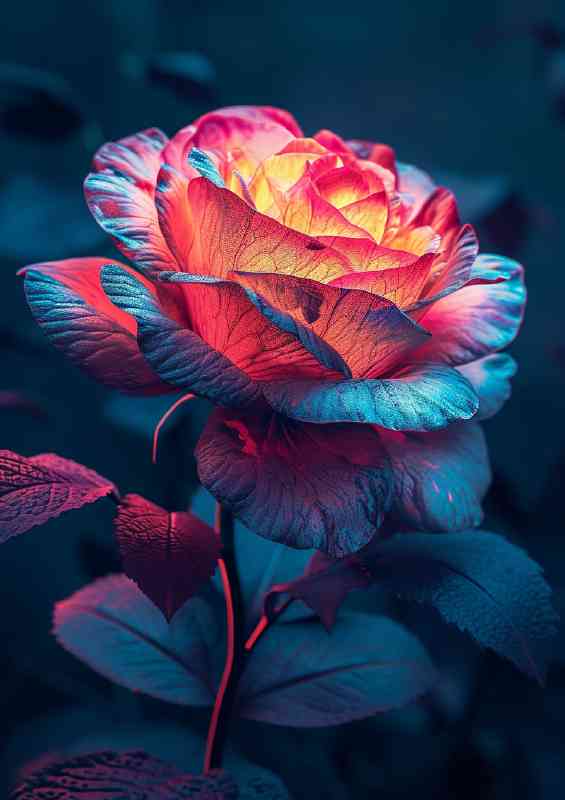 Single colourful rose glowing