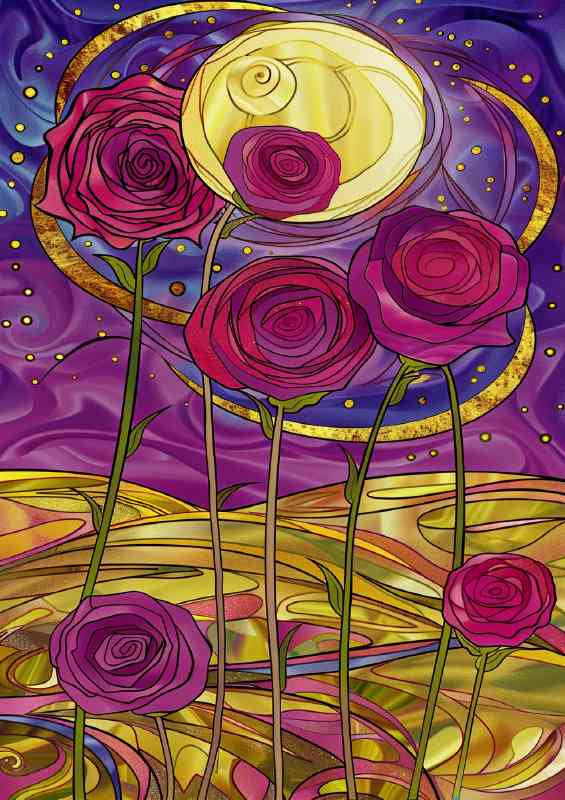 Stained glass red rose field
