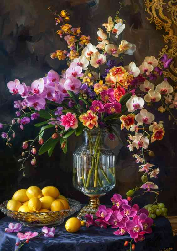 Still life vase of orchids and flowers