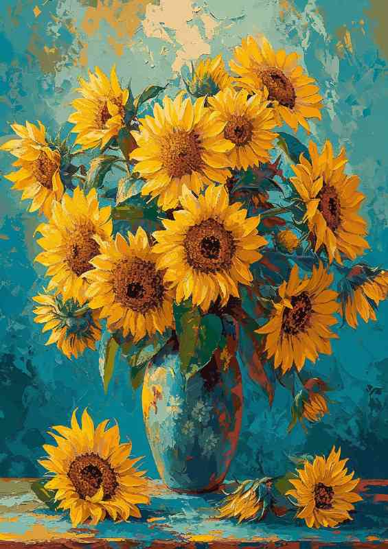 The oil painting of sunflowers blue background