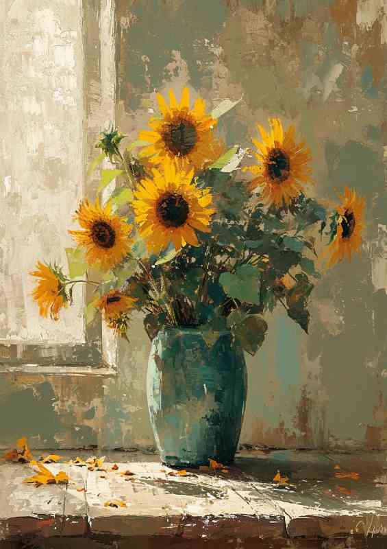 Vase in painted sunflowers daylight