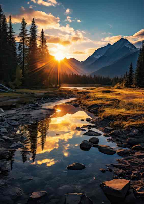 Peaceful Mountain Flowing Creek in Sun Rise
