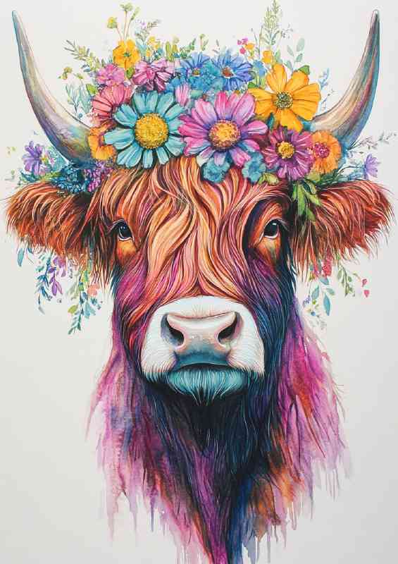 Highland cow daisy with flowers
