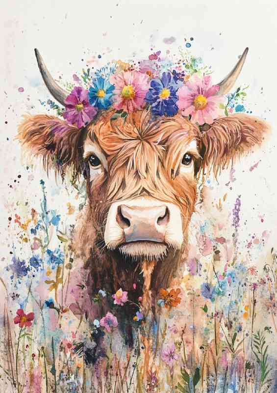 Highland cow in a daisy field and flowers