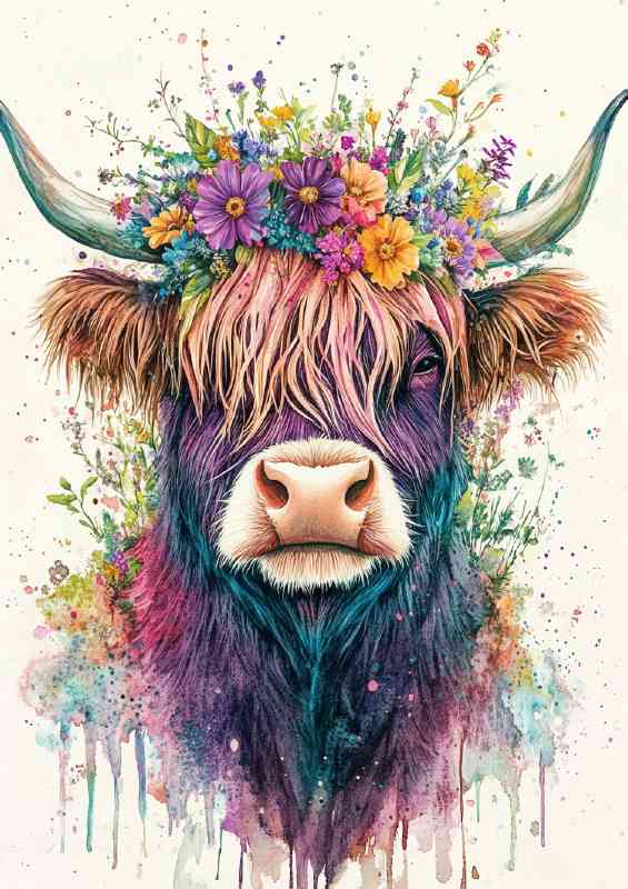 Highland cow mary with flowers watercolour style