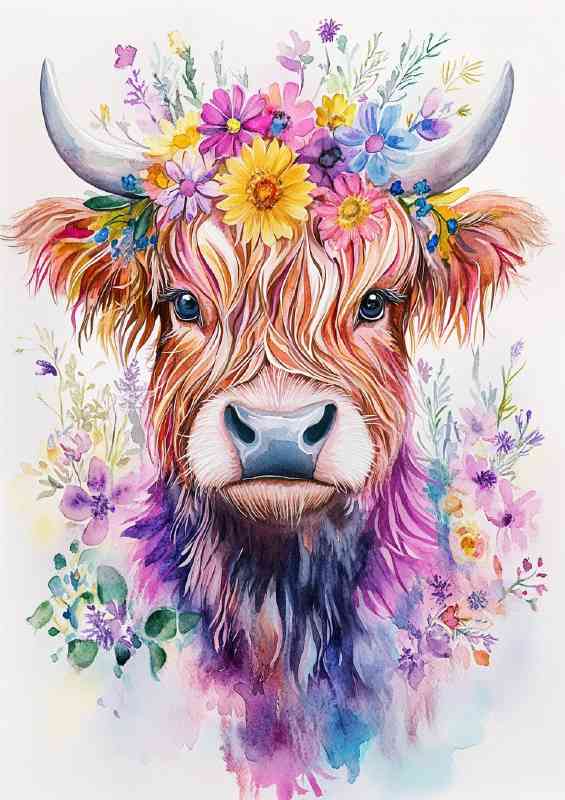 Highland cow watercolours with flowers