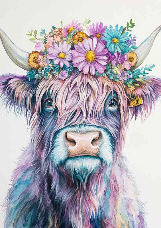 Highland cow with wildflowers light colours