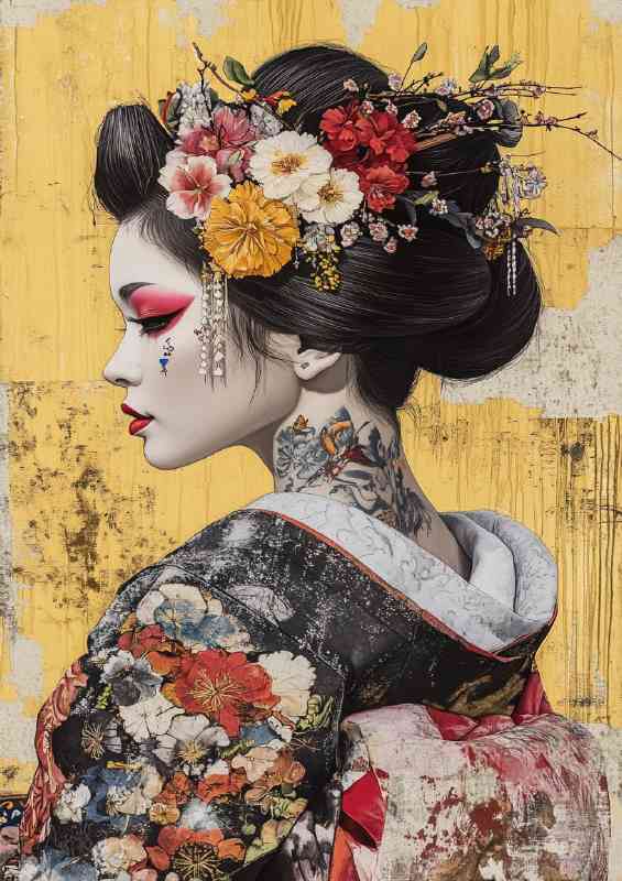Japanese geisha street art with tattos