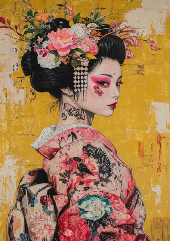 Japanese geisha with tattoos and flowers