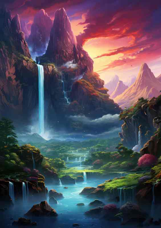 Vibrant Skies With Waterfalls