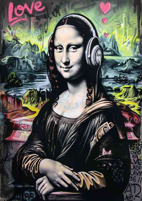 Mona Lisa wearing headphones with graffiti