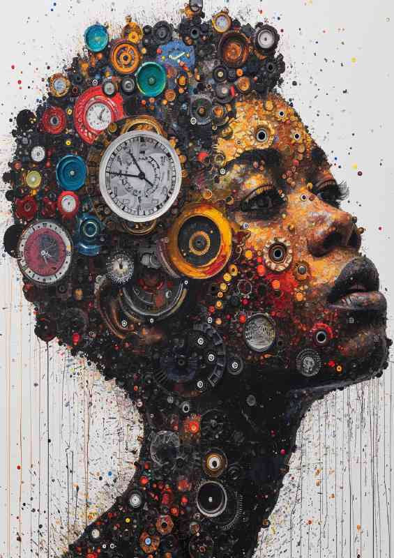 Painting of a person with many clocks