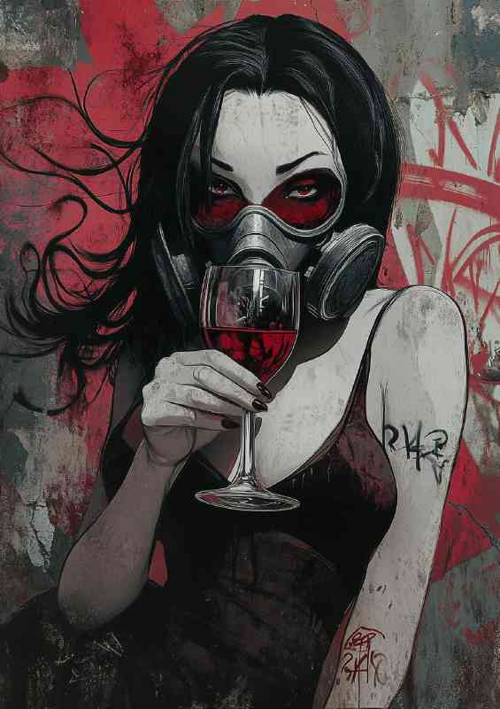 Princess drinking red wine in a mask