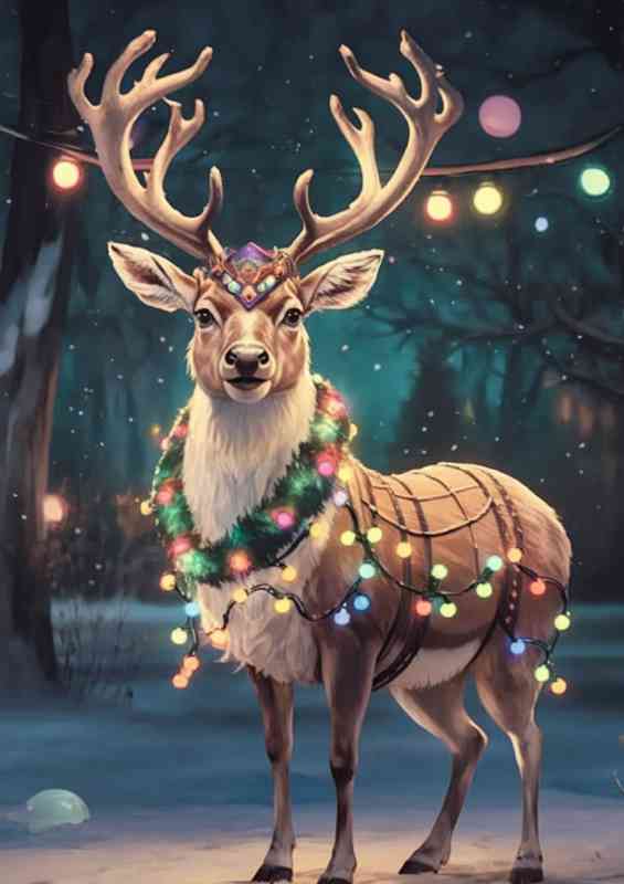 Enchanting nighttime scene of a majestic reindeer christmas | Metal Poster