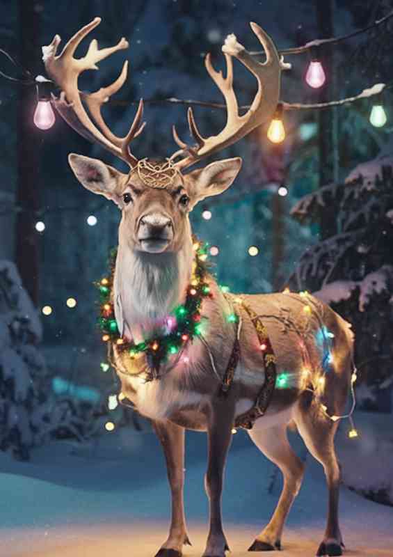 Majestic reindeer standing in a snowy street christmas | Metal Poster