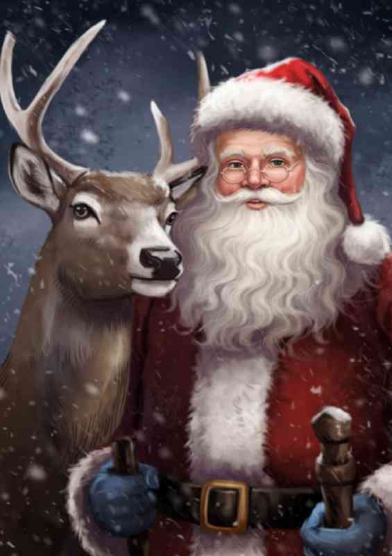 Santa clause on a snowy night with his raindeer